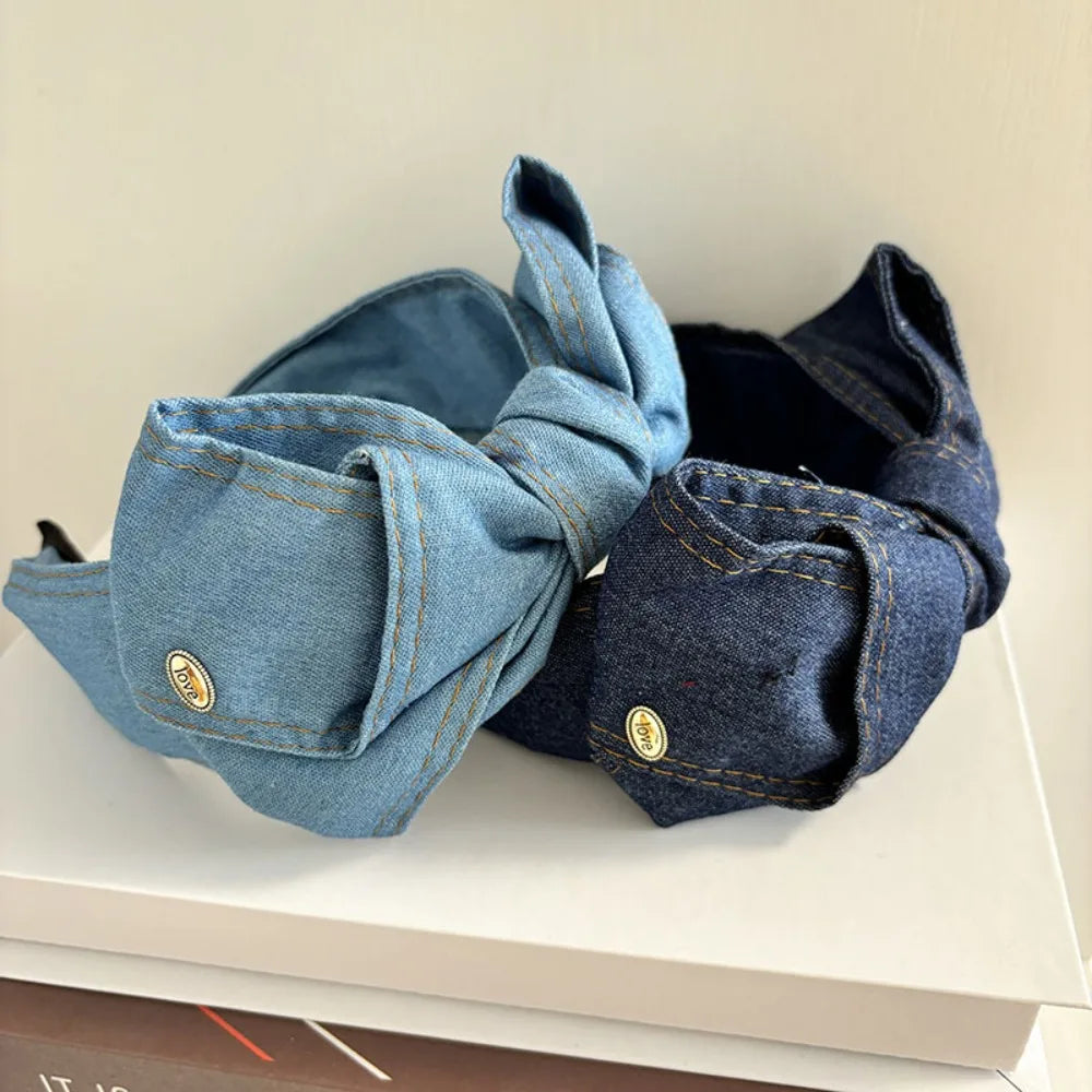 Light Luxury Denim Knotted Headband Anti-Slip Ins Bow Hairband Simple Wide-Brimmed Hair Hoop Women's Hair Accessories Zpaxo