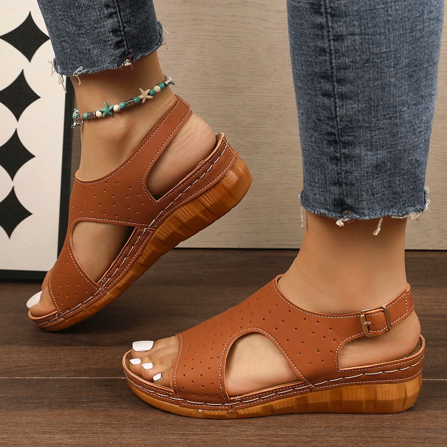 Women Sandals Platform Sandals Hollow Out Buckle Roman Style Shoes Women Lightweight Slip-On Shoes Ladies Zapatos De Mujer Zpaxo Brown 38