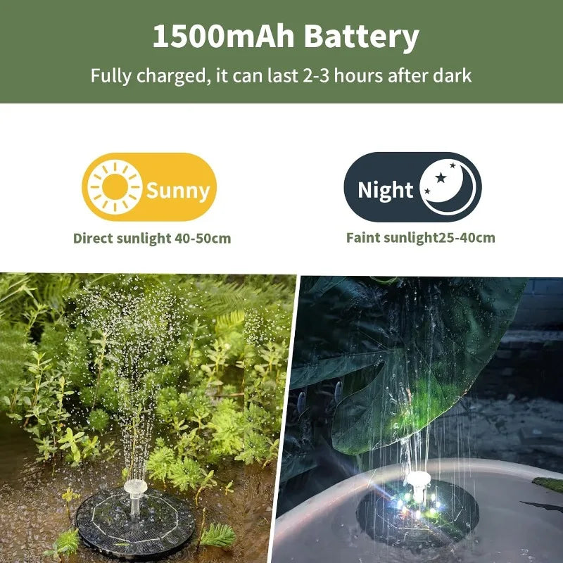 Solar Fountain Pump – 7 LED Lights, 6 Nozzles, Bird Bath Garden