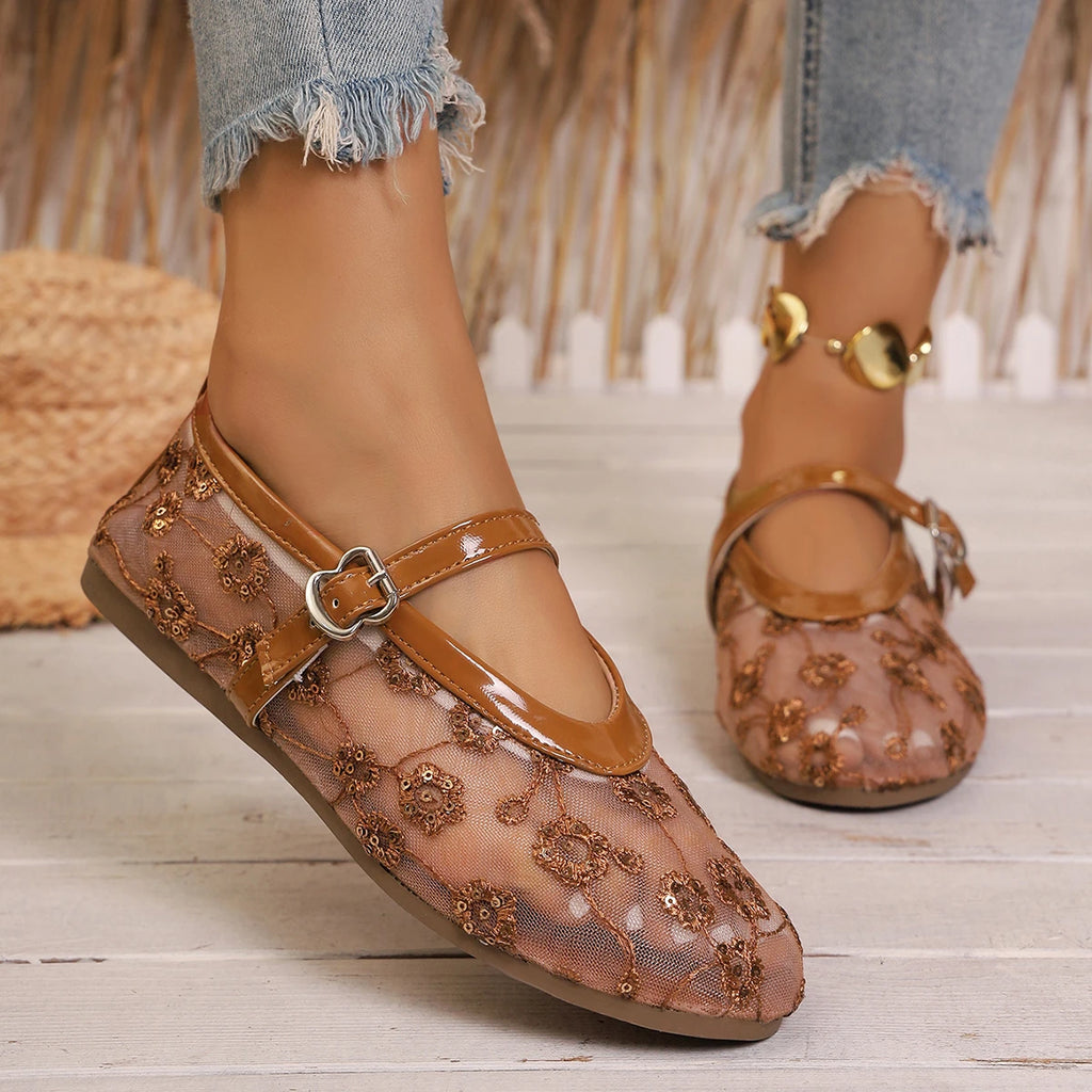Women Sandals Elegant Lightweight Casual Shoes Embroidered Floral Mesh Mary Janes Shoes Women Breathable Ballet Flats Sandals Zpaxo