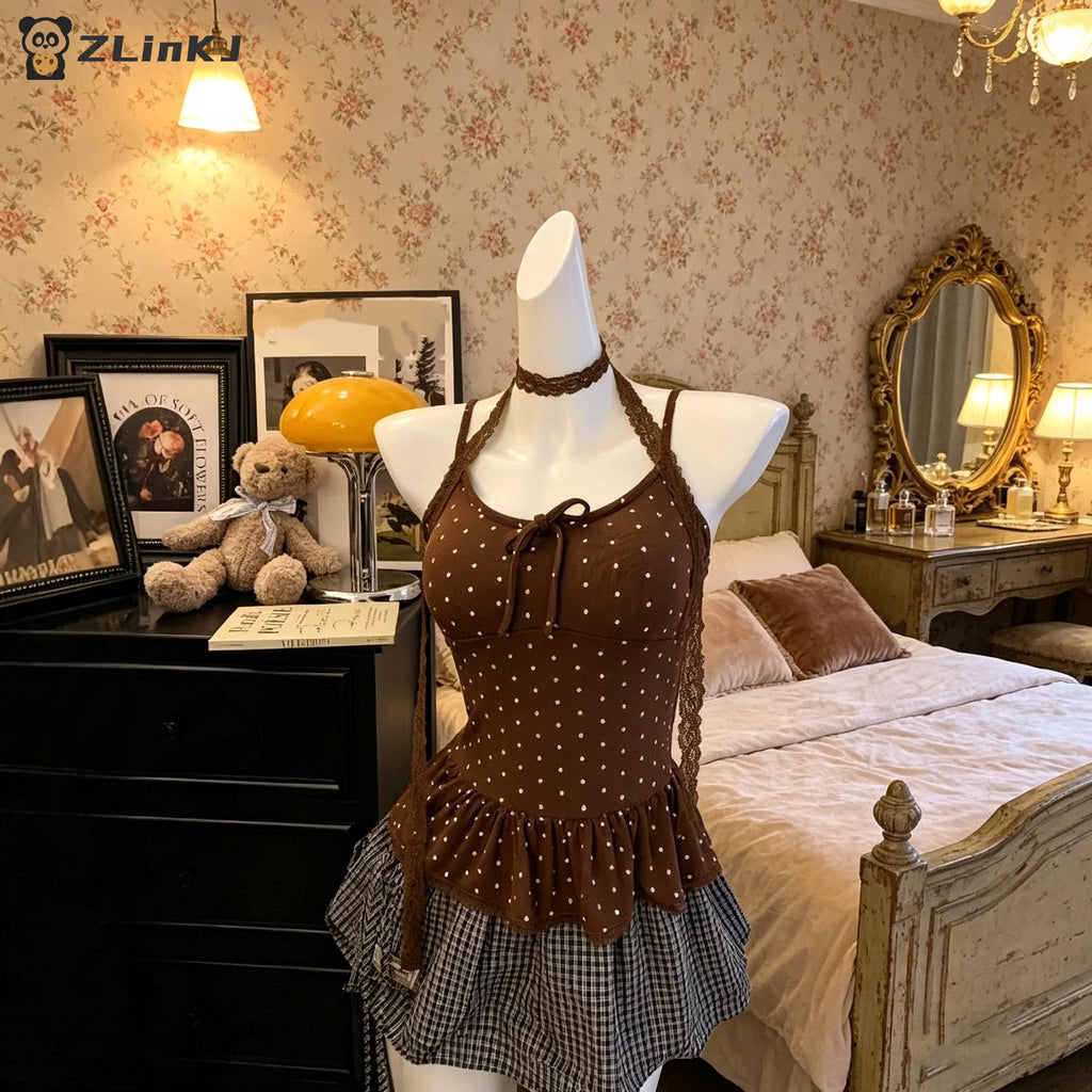 ▶Women Clothing Summer Fashion Casual Polka Dot Solid Color Sling Ladies Fashionable Appear Thin Slim Young Style Tops Zpaxo
