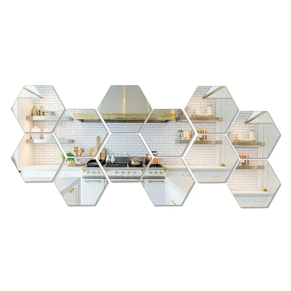 12 Hexagonal 3D Mirror Wall Stickers Self-adhesive DIY Decoration