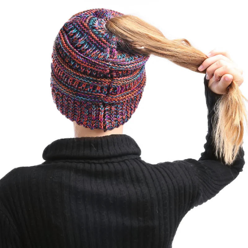 Knitted Open-Top Ponytail Beanie – Unisex Winter Hat 3 Colors