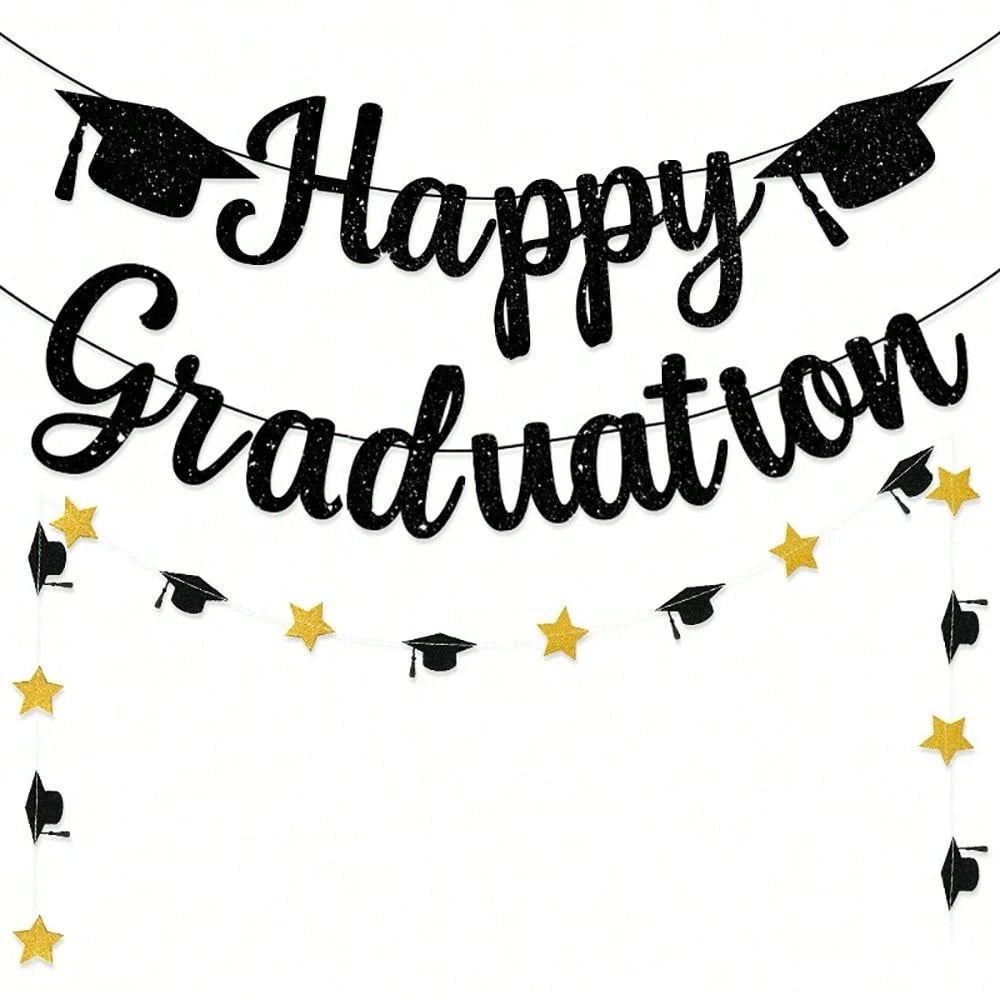 Black Gold Glitter Happy Graduation Banner Set Grad Caps Graduation Decoration for Class Grad Party Decor Zpaxo