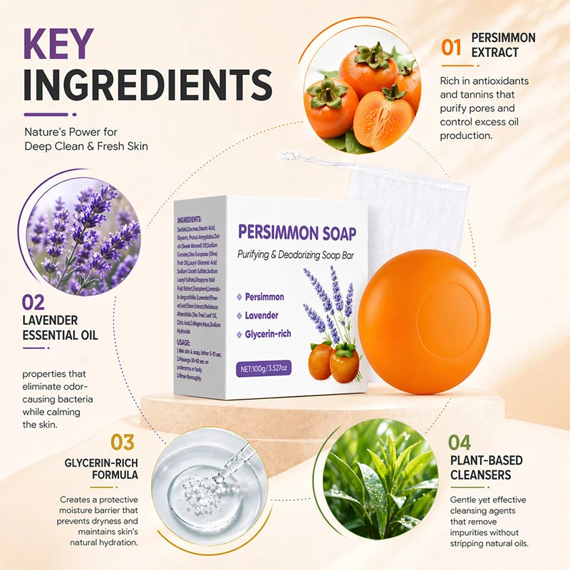 Persimmon Soap Bar – Deodorizing Deep Cleansing Face & Body 100g Handmade Soap Bar Zpaxo