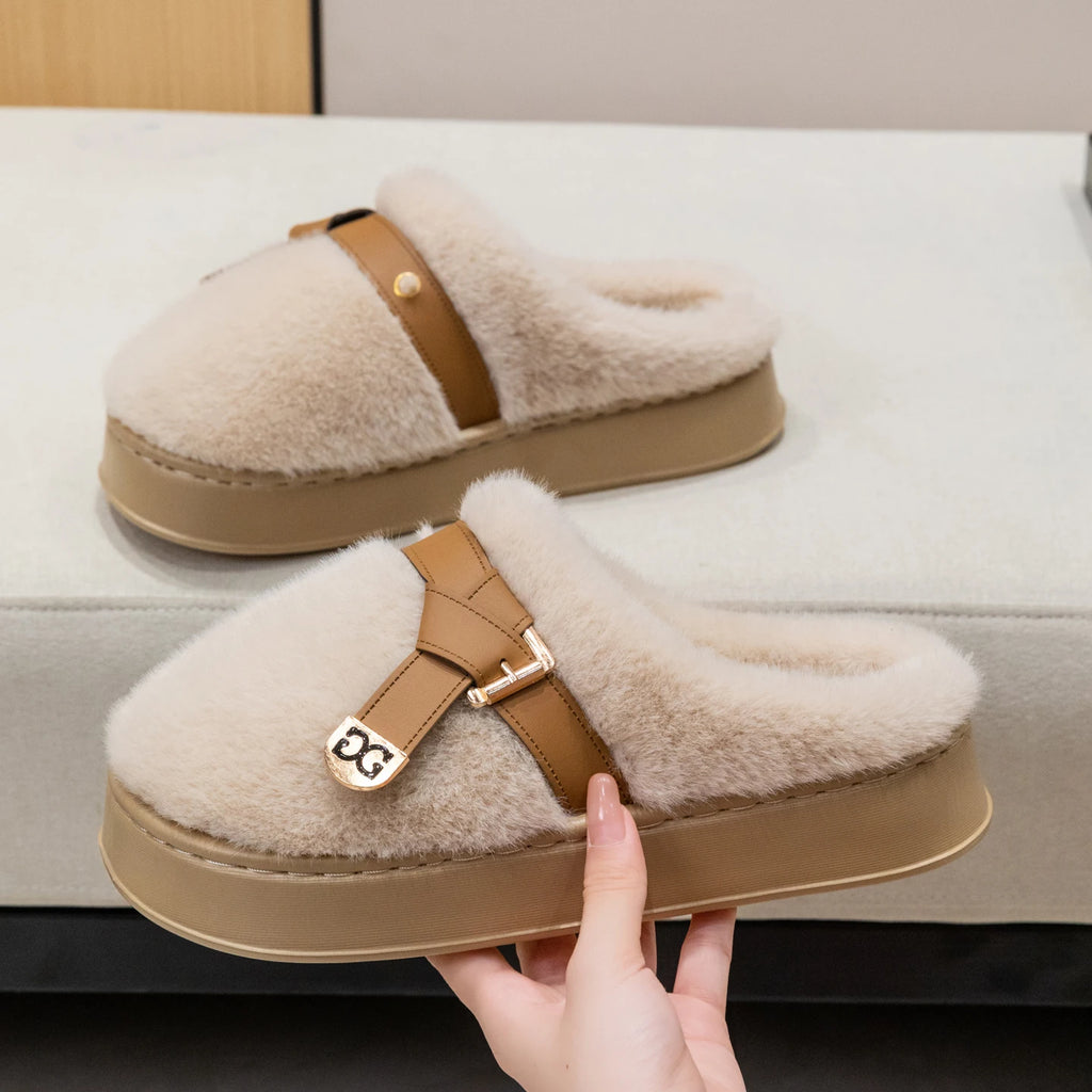 Women's Plush Slippers Winter Indoor House Shoes Non-slip Soft Sole