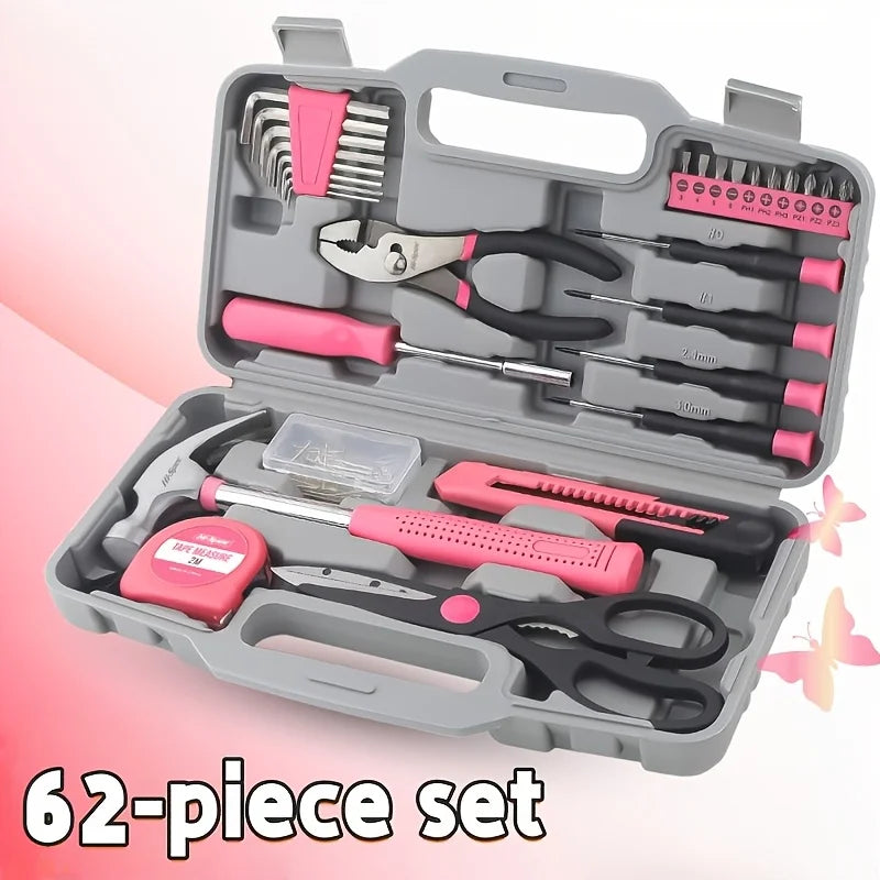 62pcs Multifunctional Tool Kit | Portable Home Repair Toolbox with Hammer,Pliers,Wrenches, Ideal Gift for Men/Women,Father's Day Zpaxo GJX62-pink-H