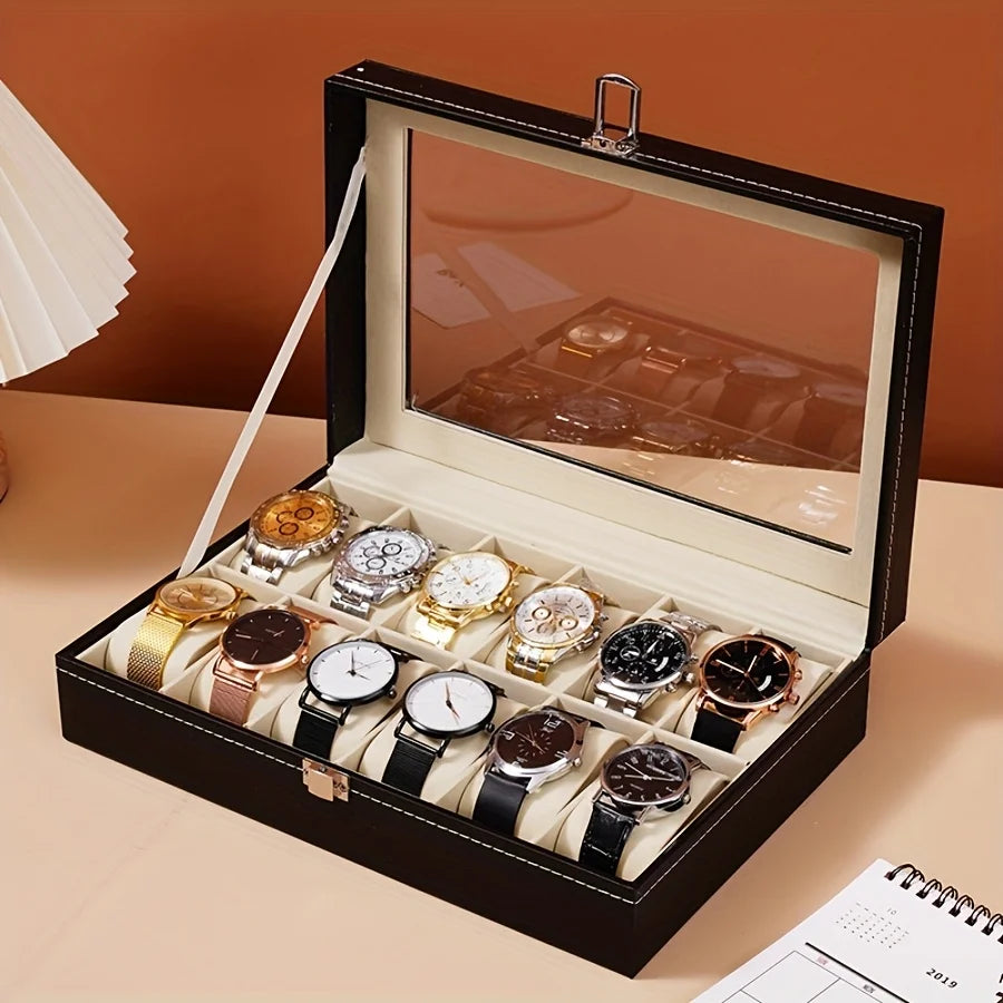 Watch Organizer 12-Slot Display Case Lock Removable Pillows Synthetic
