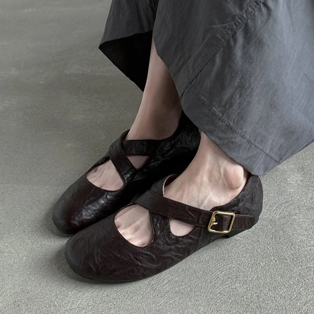 2025 Spring Women's Leopard Horsehair Narrow Band Cross Strap Flats