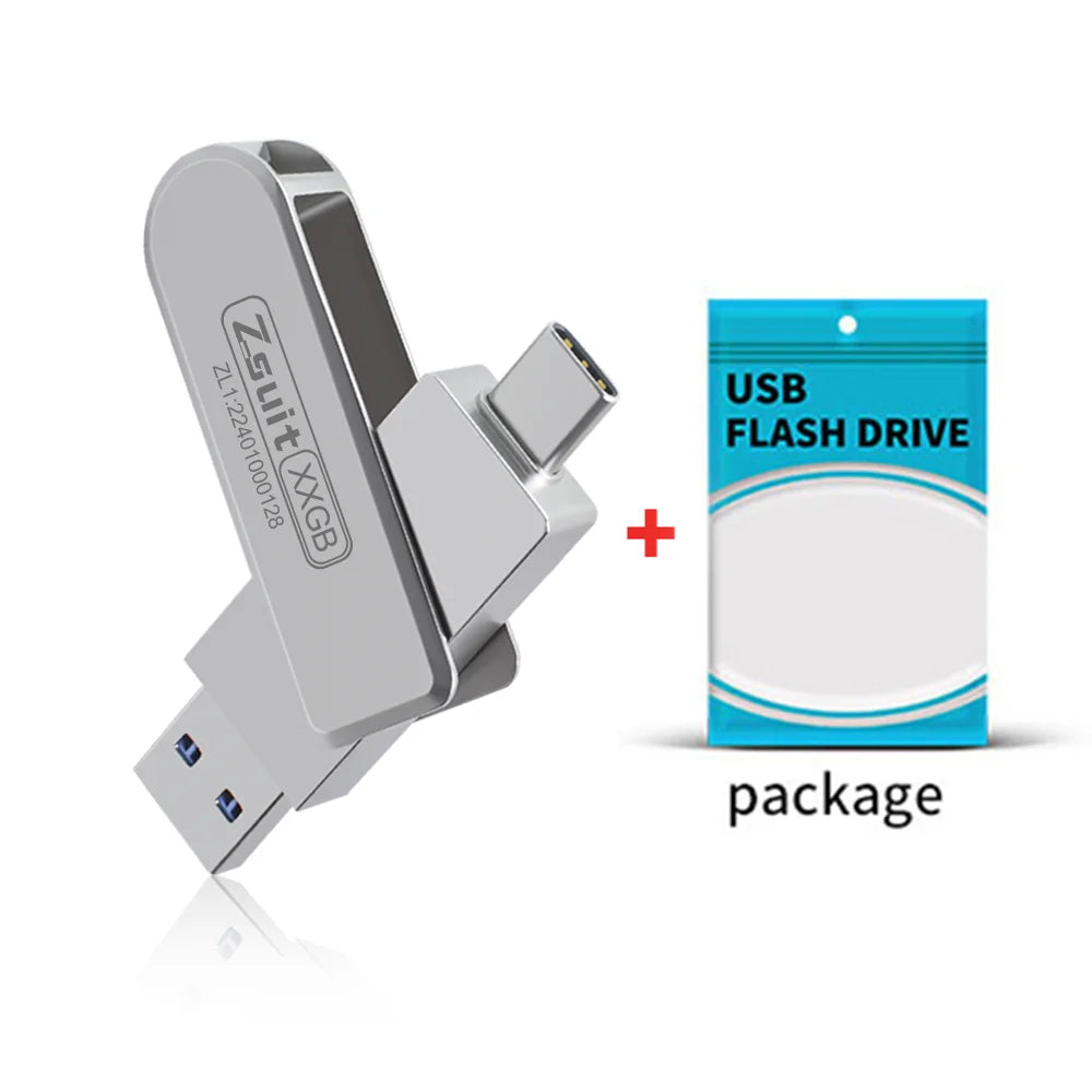 Zsuit USB Flash Drives Rotate USB-C Pendrive 64GB 128GB USB3.0 Type-C Pen Drives 2in 1 U Disk for iPhone Laptops Memory Stick Zpaxo 128GB 3.0 GRAY