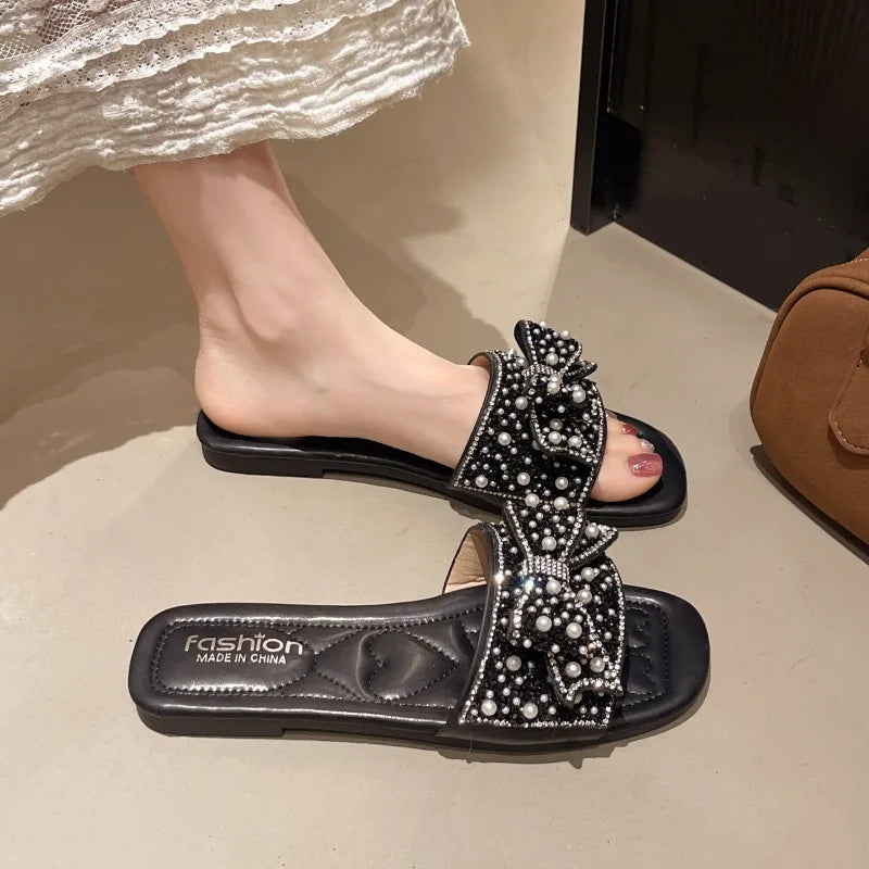 Light Luxury Elegant Pearl Rhinestone Women's Flat Sandals Bow Summer Zpaxo
