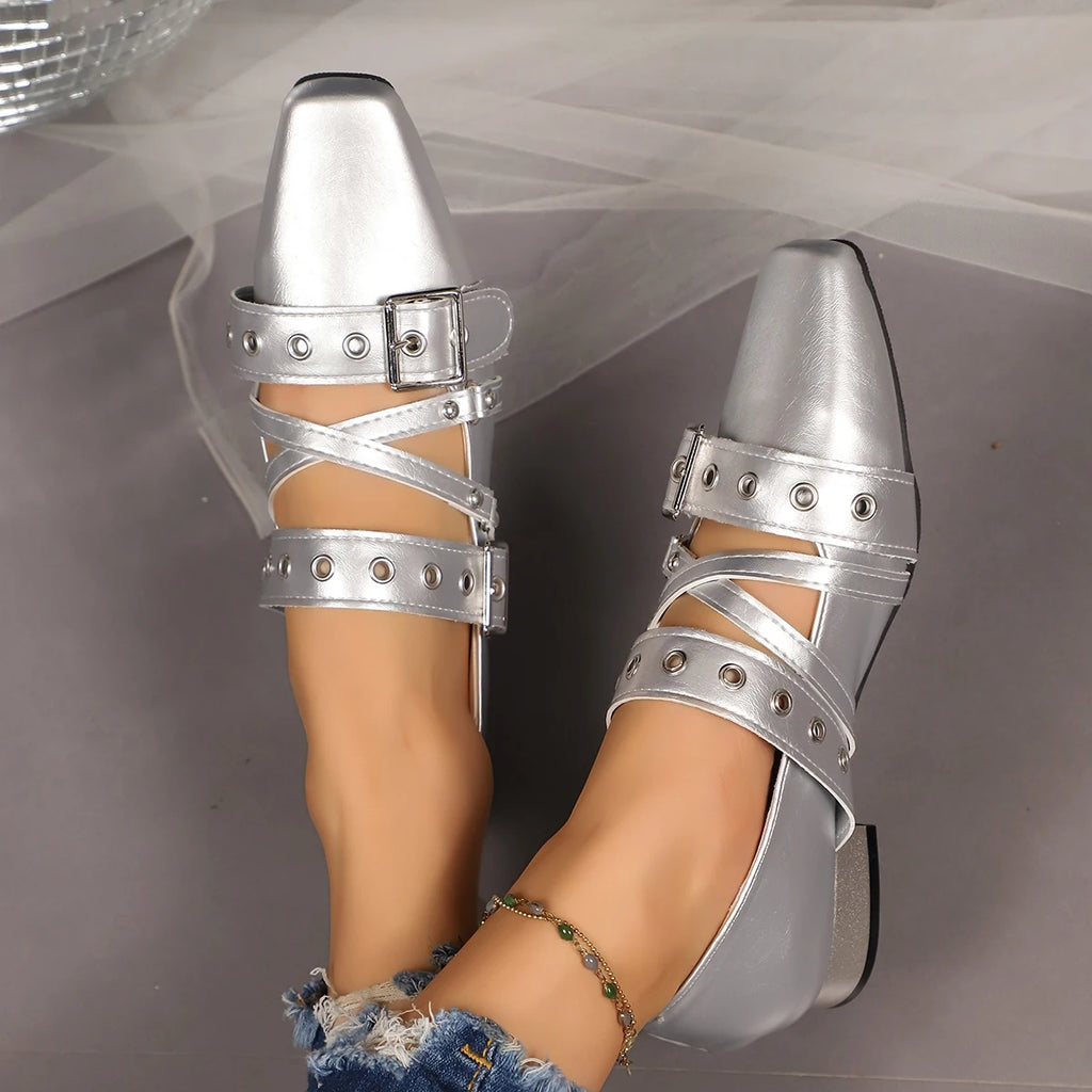 Women Pumps 2025 Chunky Heel Slip-on Shoes Leather Round Toe Retro