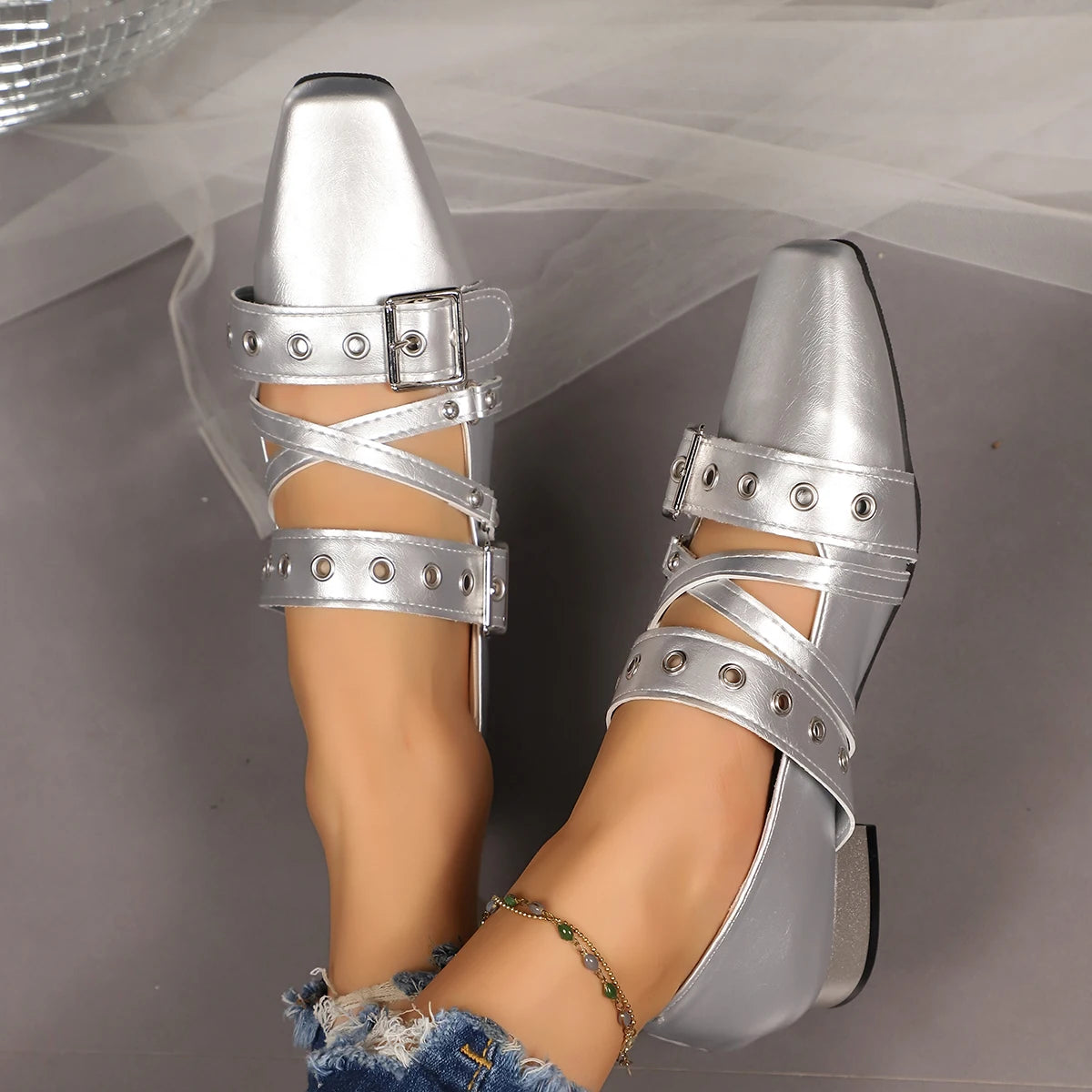 Women Pumps 2025 New Chunky Heel Slip-On Women Shoes Leather Round Toe Retro Style High Heels Cross-Band Mary Janes Shoes Women Zpaxo Silver 40