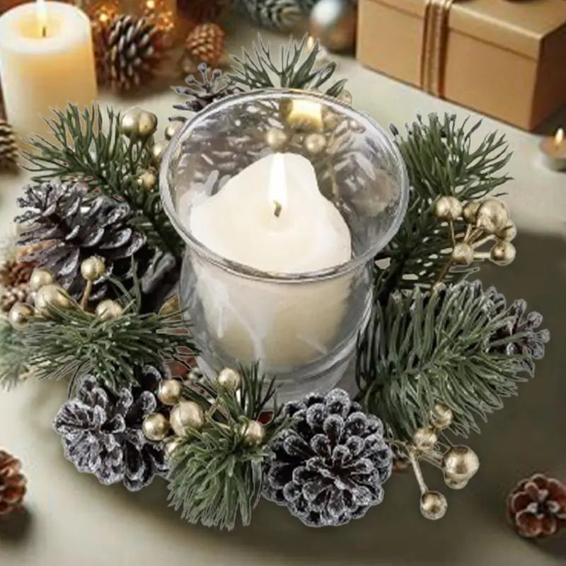 Christmas Candle Holder Candlestick Wreath Artificial Cherry Pinecone