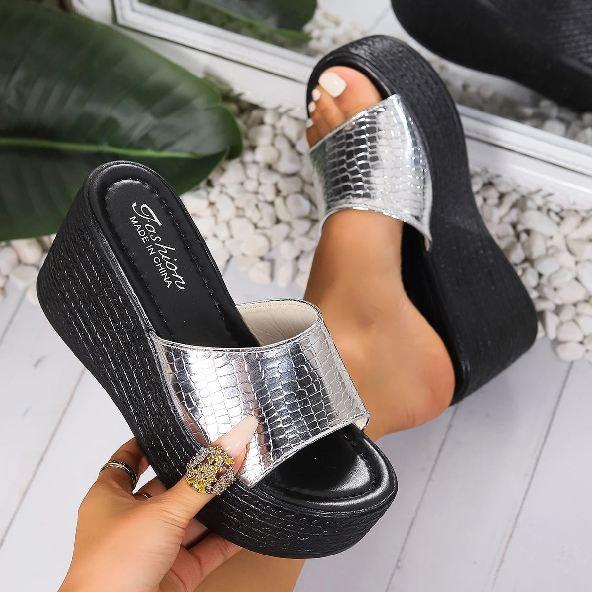 Women Wedges Sandals 2026 New Summer Beach Platform Sandals Fashion Weave Slippers Women High Heel Slippers Slides Women Zpaxo Silver 41