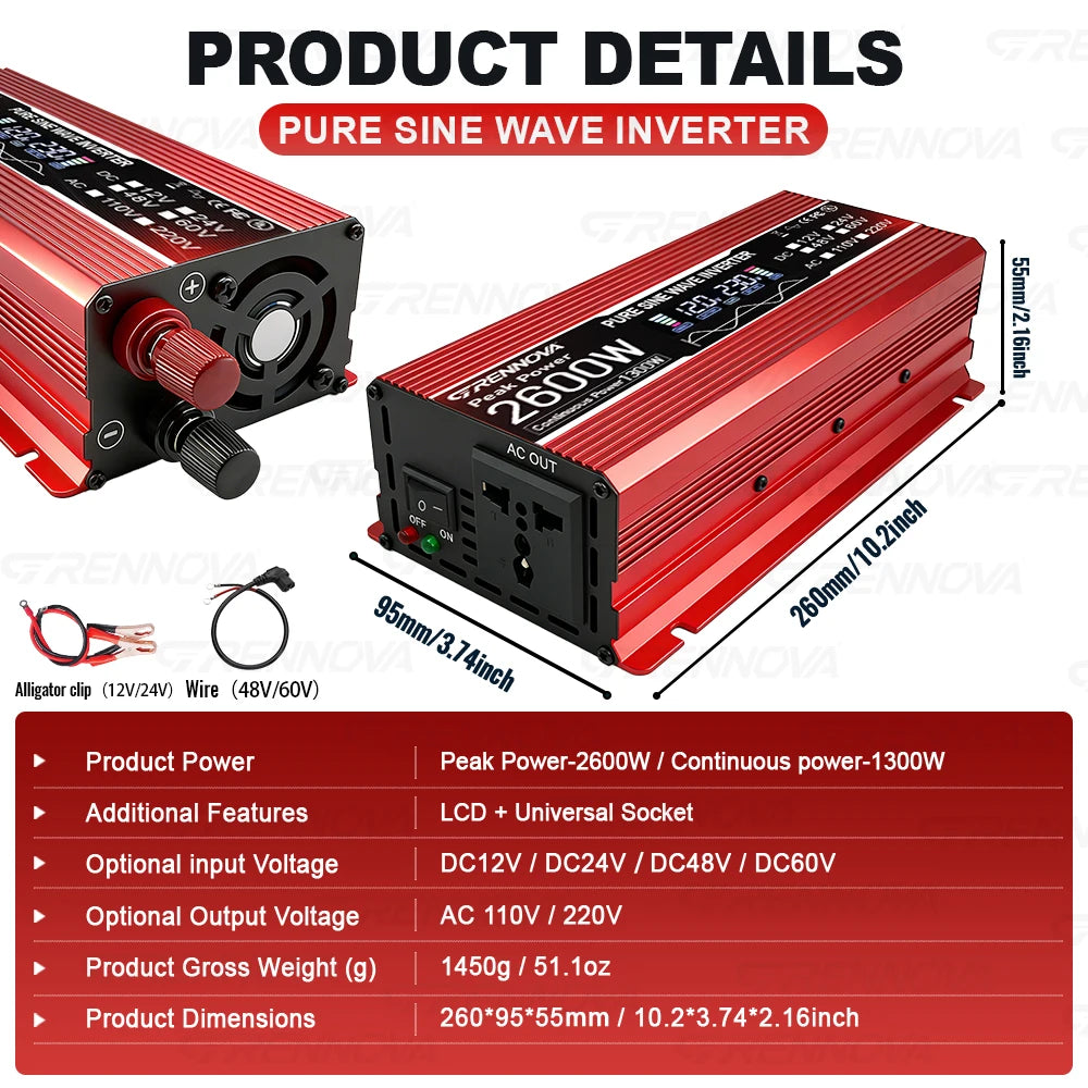 GRENNOVA Real 2600W Pure Sine Wave Inverter 1300W Peak DC 12V/24V/48V/60V/72V to AC Voltage Transformer with LCD Display & Fan Zpaxo