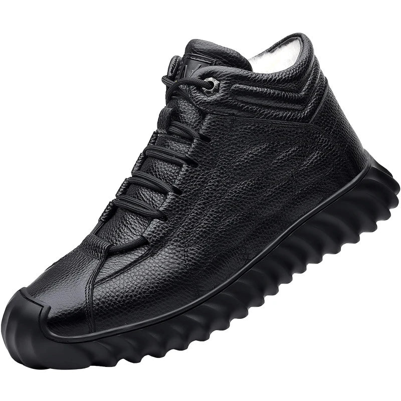 Mens Black Leather Fur Lined Sneakers Elastic Lace Warm Winter Shoes Zpaxo