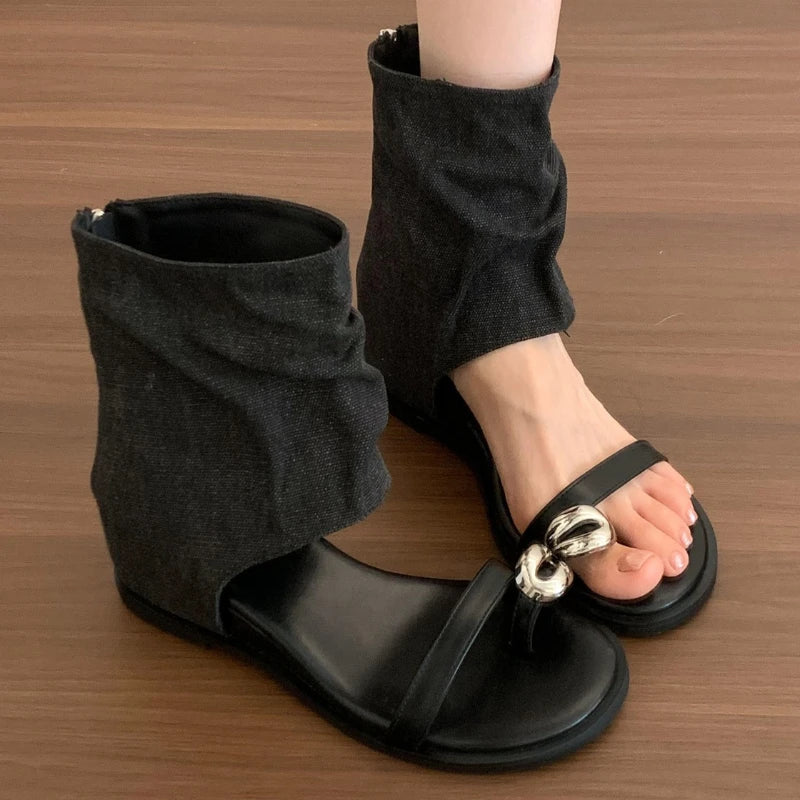Women's Square Toe Loop Vintage Comfortable Wedge Heel Sandals Summer Zpaxo black 42