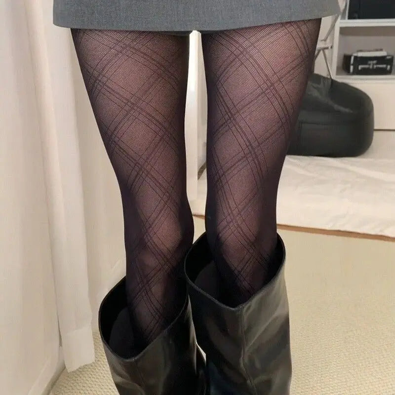 1 Pair Women Sexy Black Silky Pantyhose Vintage Plaid Patterned