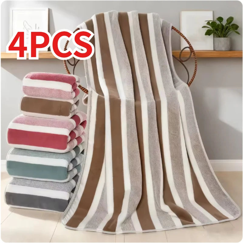 4pcs Thickened Coral Fleece Bath Towel - Soft Absorbent Wide Stripe, Colors Unisex Home Use Zpaxo