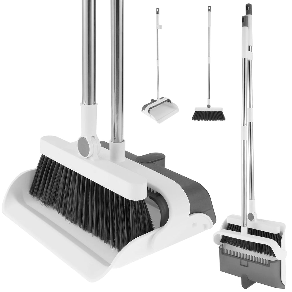 Broom Foldabl Dustpan Cleaning Tool Set Comb Teeth 180° Rotation Combo Upright Standing Portable Kitchen Floor Pet Hair Zpaxo
