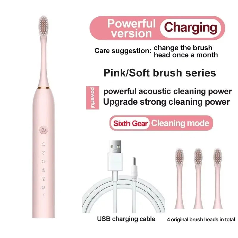 Automatic Electric Toothbrush Six-Speed Adult & Children's Universal Soft Bristle Charging Smart Toothbrush for All Ages Zpaxo pink