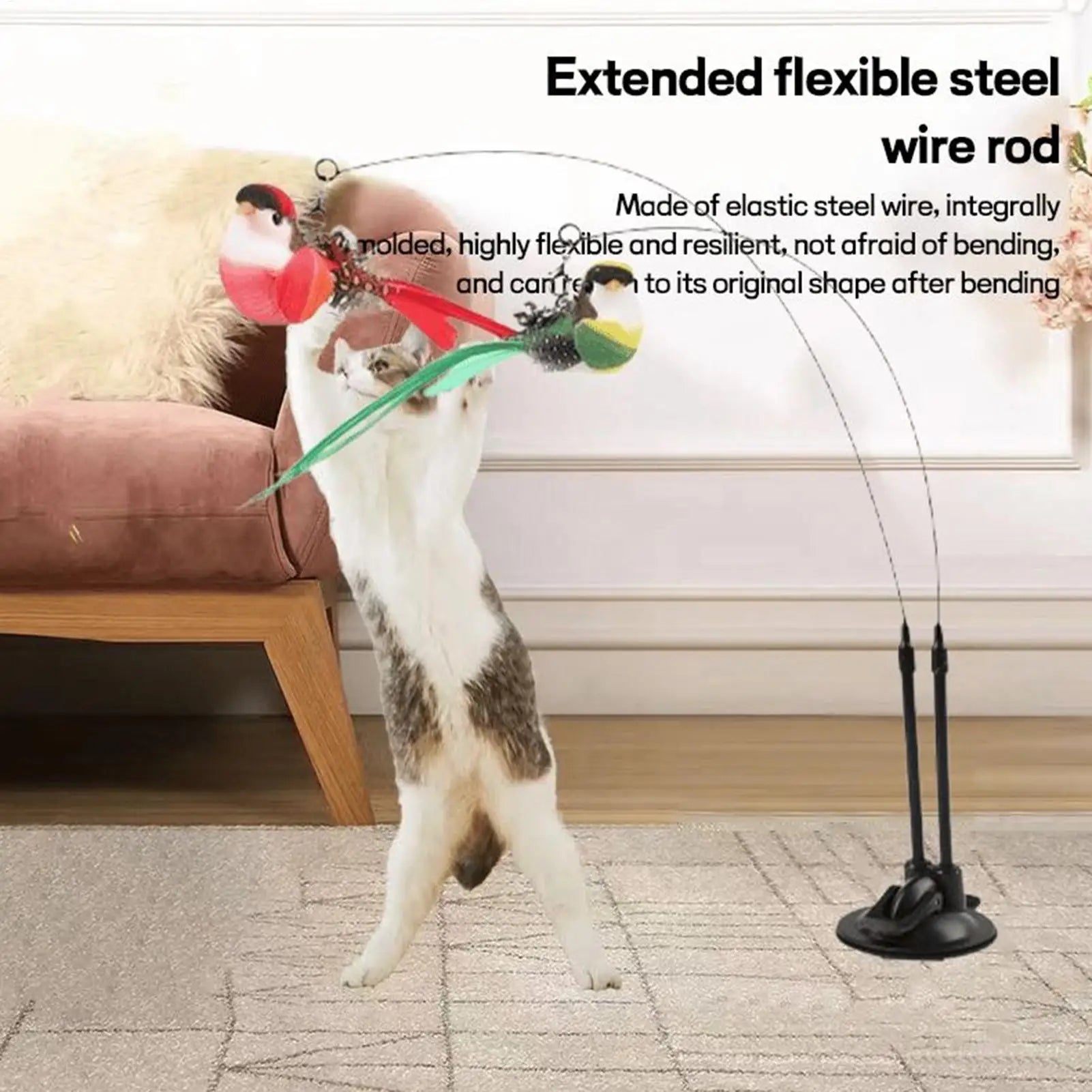 Cat Teaser Toy Stick Removable Suction Double Simulated Chirping Bird