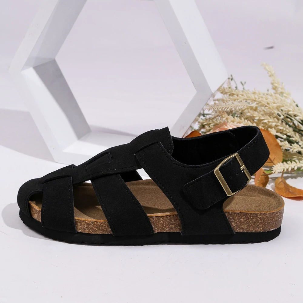 Women's Solid Retro Flat Sandals Summer Hollow Woven Baotou Roman Zpaxo 38 black