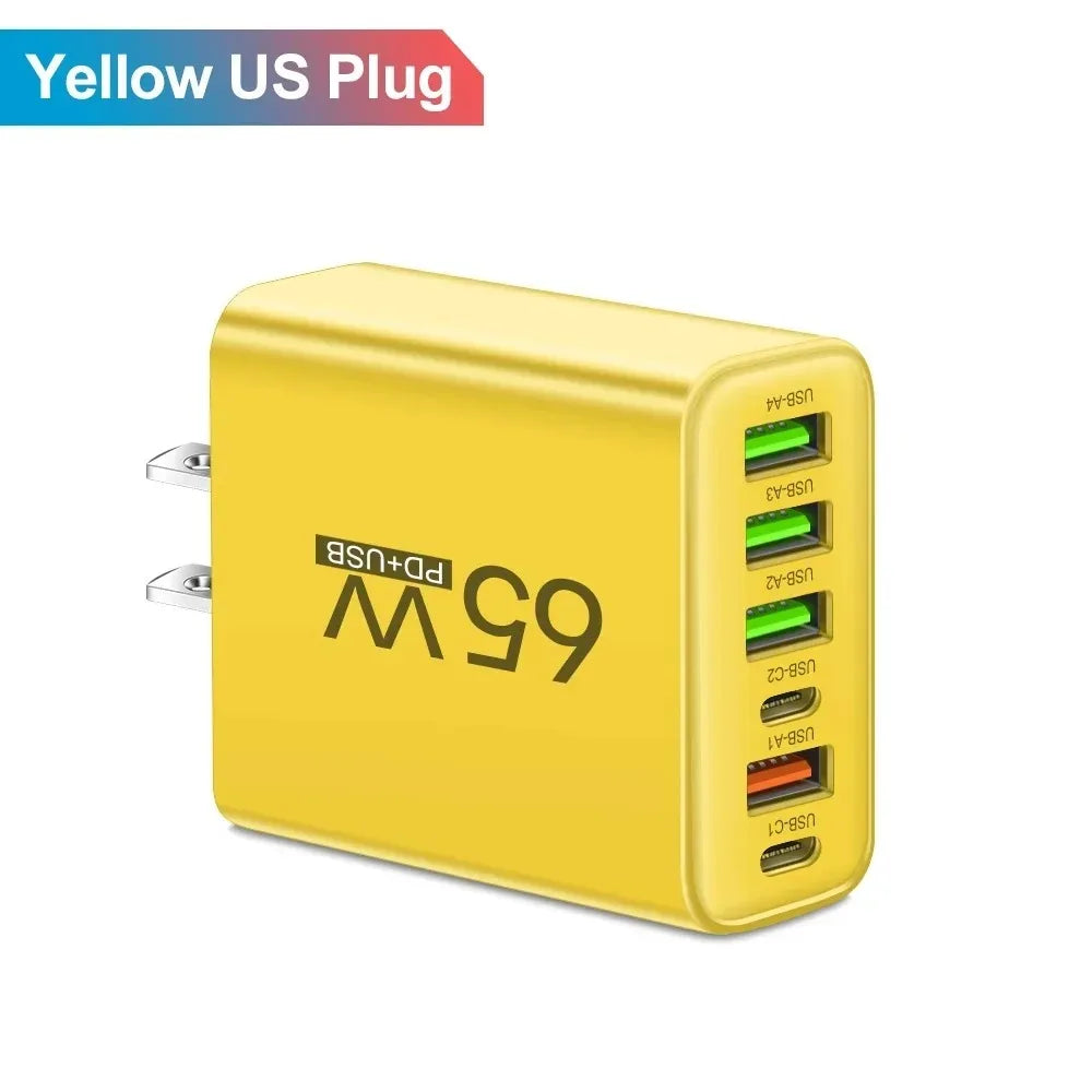 65W USB Charger Fast Charging Adapter for Xiaomi Samsung Huawei P70 iPhone Travel Mobile Phone Quick Charger Adaptor Zpaxo US Plug Yellow