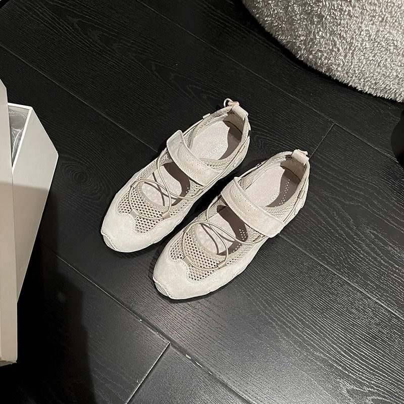 Women Breathable Mesh Mary Jane Sneakers Soft Suede Hook Loop Strap Casual Walking Shoes Summer Comfort Flat Sport Sandals Zpaxo