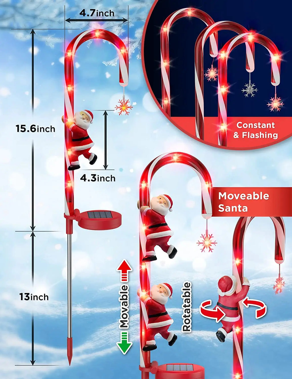 Solar Light Candy Cane Lamp Snowflower Santa Claus Outdoor Waterproof Zpaxo
