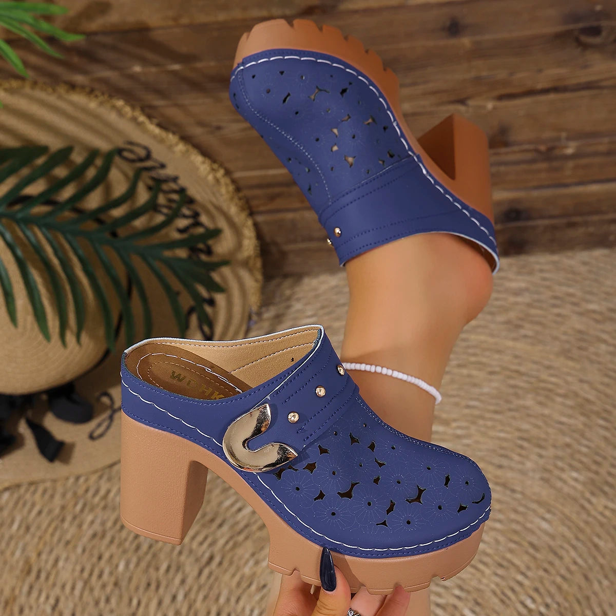 Women Sandals Solid Anti Slip Shoes Women Peep Toe Platform Sandals Summer Round Toe Shoes Slip on High Heels Slippers Women Zpaxo Blue 43