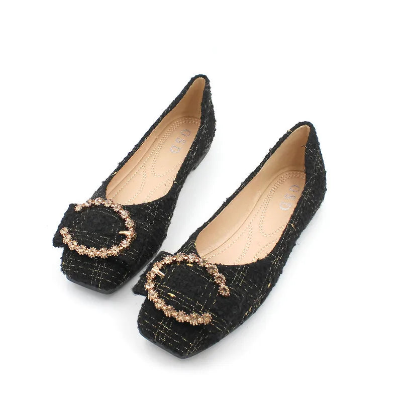 Flats Shoes for Women 2023 Spring Autumn New Women's Shoes Cloth Top Metal Buckle Shallow Mouth Square Head Flat Shoes Women Zpaxo