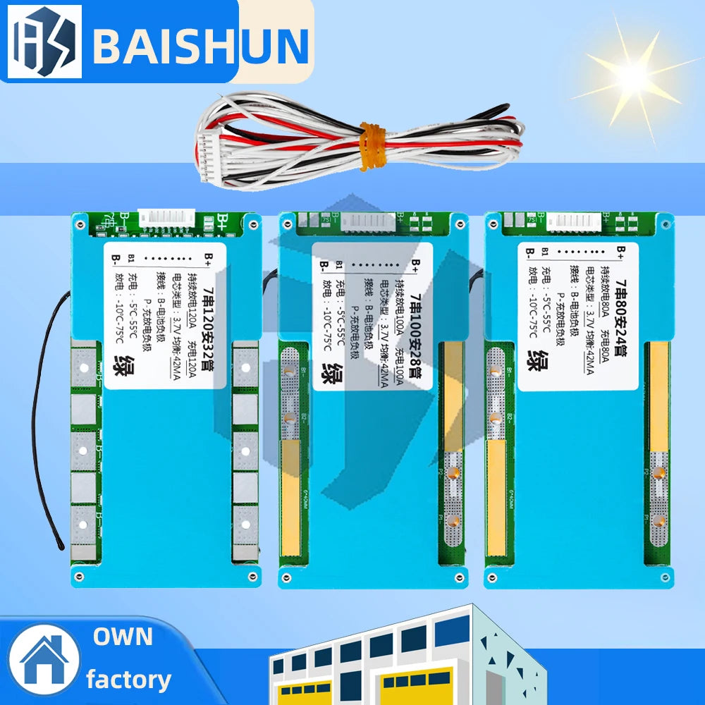 ‌7S 24V 80A-120A Li-ion/LMO Ternary Lithium Battery BMS – 18650 Cell Protection Board with Balancing, Thermal Management Zpaxo