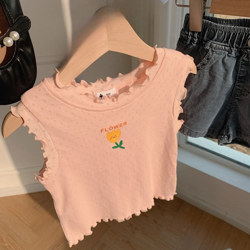 Children's vest summer new product girls cartoon hollow T-shirt baby wide printed sleeveless lace top Zpaxo
