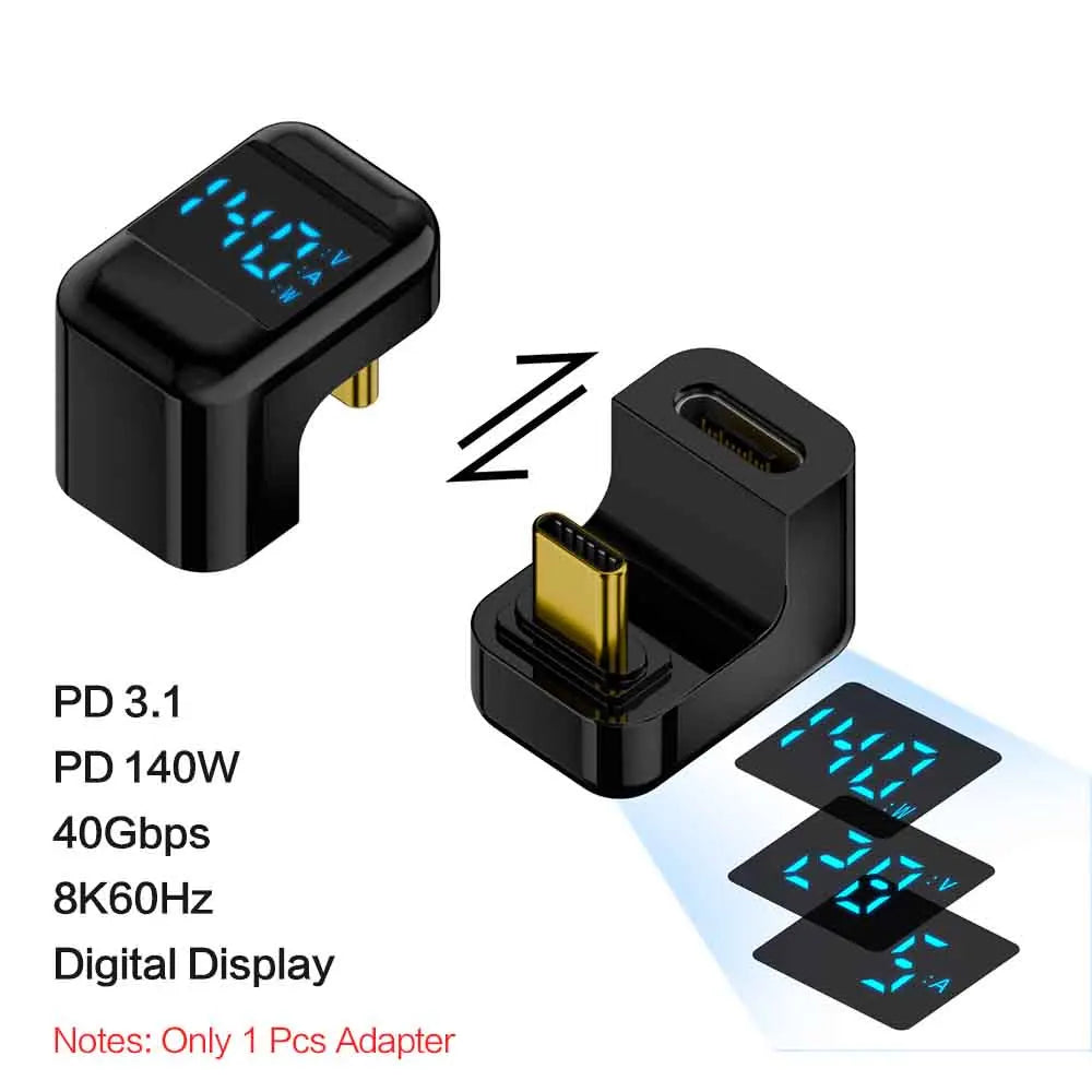 90° USB-C Adapter – 40Gbps, PD 140W, 8K 60Hz, Thunderbolt 4 USB-C Adapter Zpaxo U Shape Black