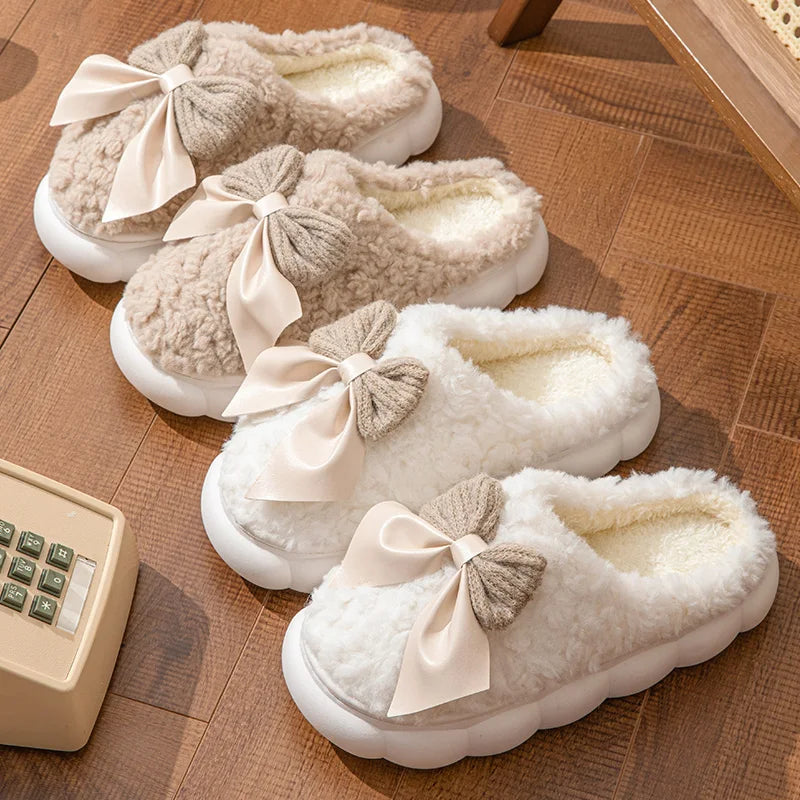 Winter Warm Fur Slippers Women Cute Bow House Non Slip Soft Shoes