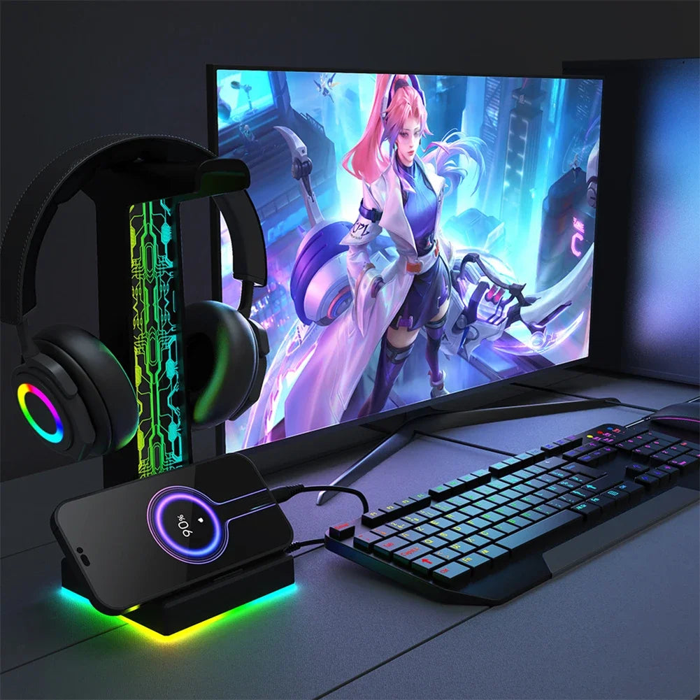 RGB Gaming Headphone Stand – 10 Lighting Modes, USB & Audio Port Headphone Stand Zpaxo