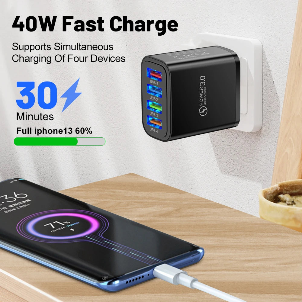 40W 4-Port USB Wall Charger QC 3.0 Fast Charging Adapter USB Wall Charger Zpaxo