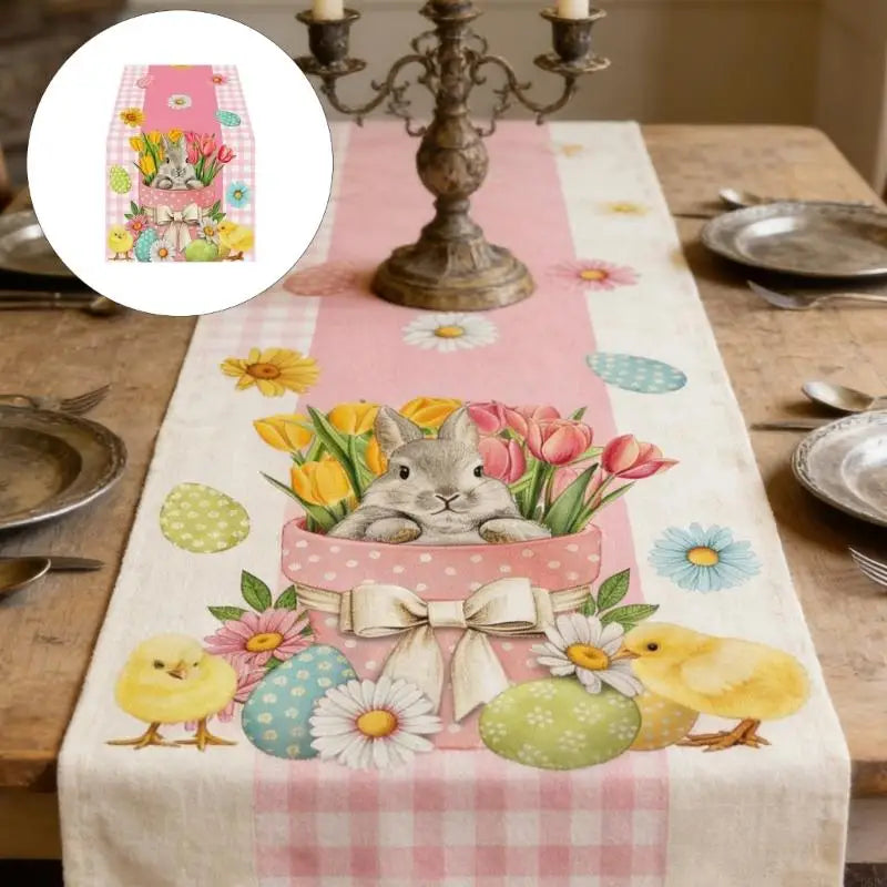Linen Table Cover Colorful Bunnies Eggs Print Easter Spring Washable