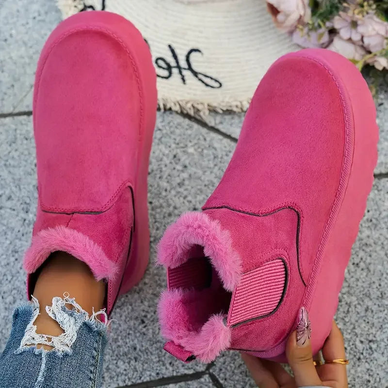 Women Short Plush Warm Snow Boots 2025 New Luxury Designer Shoes Casual Fur Chelsea Ankle Boots Flats Platform Ladies Shoes Zpaxo Rosy Red 36