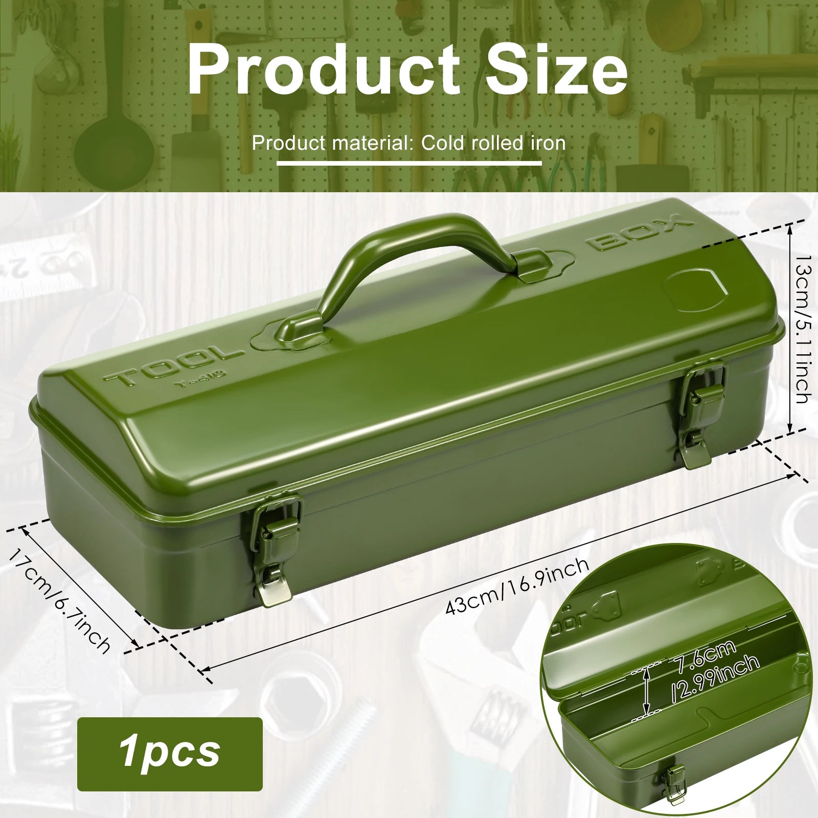 Tool Box 43x17x13cm Portable Steel Tool Box Hip Roof Style with Metal Latch Closure Tool Chest for Household Workshop Car Zpaxo 43x17x13cm green