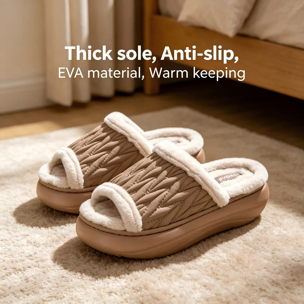 Unisex Block Fuzzy Fur Slippers EVA Thick Anti Slip Platform Sole