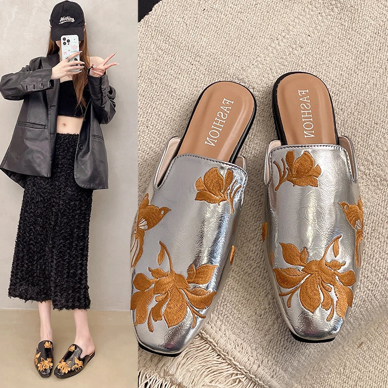 Women's Sandals Embroidered Love Metal Buckle Casual Fashion