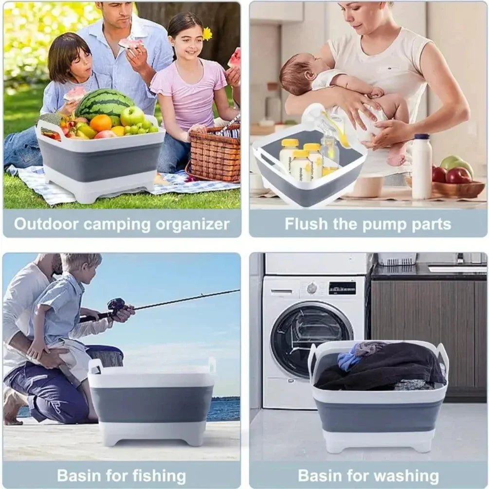 2.4 Gal(9L) Collapsible Dish Basin with Drain Plug, Space Saving Outdoor Multiuse Foldable Sink Tub, Dishpan, Kitchen Storage Zpaxo