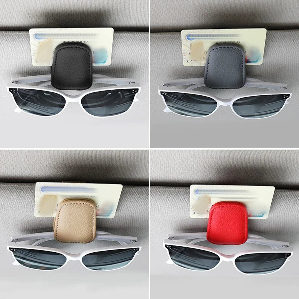 Car Sun Visor Clip Glasses Bracket Holder Pu Leather Cards Case Auto