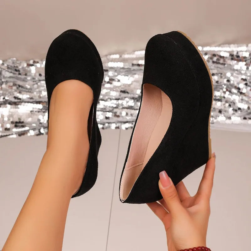 Spring Autumn Women's Round Toe Wedge Heel Fashion Thick Sole Low-cut Zpaxo black 43