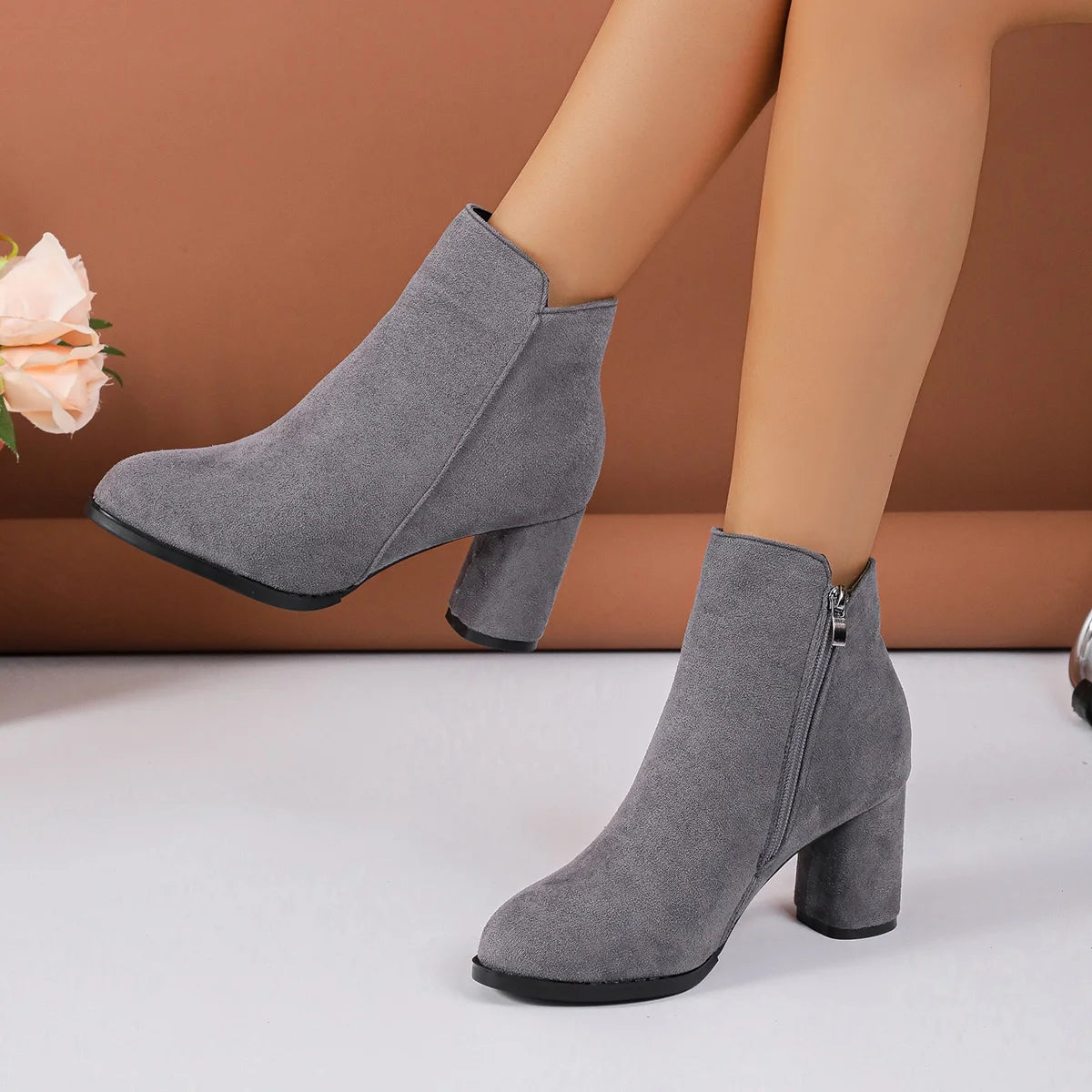 Women Ankle Boots Large Size Fashion Pointed Shoes for Women Side Zipper Stretch Middle Heel Short Boots Women Botas De Mujer Zpaxo GRAY 39