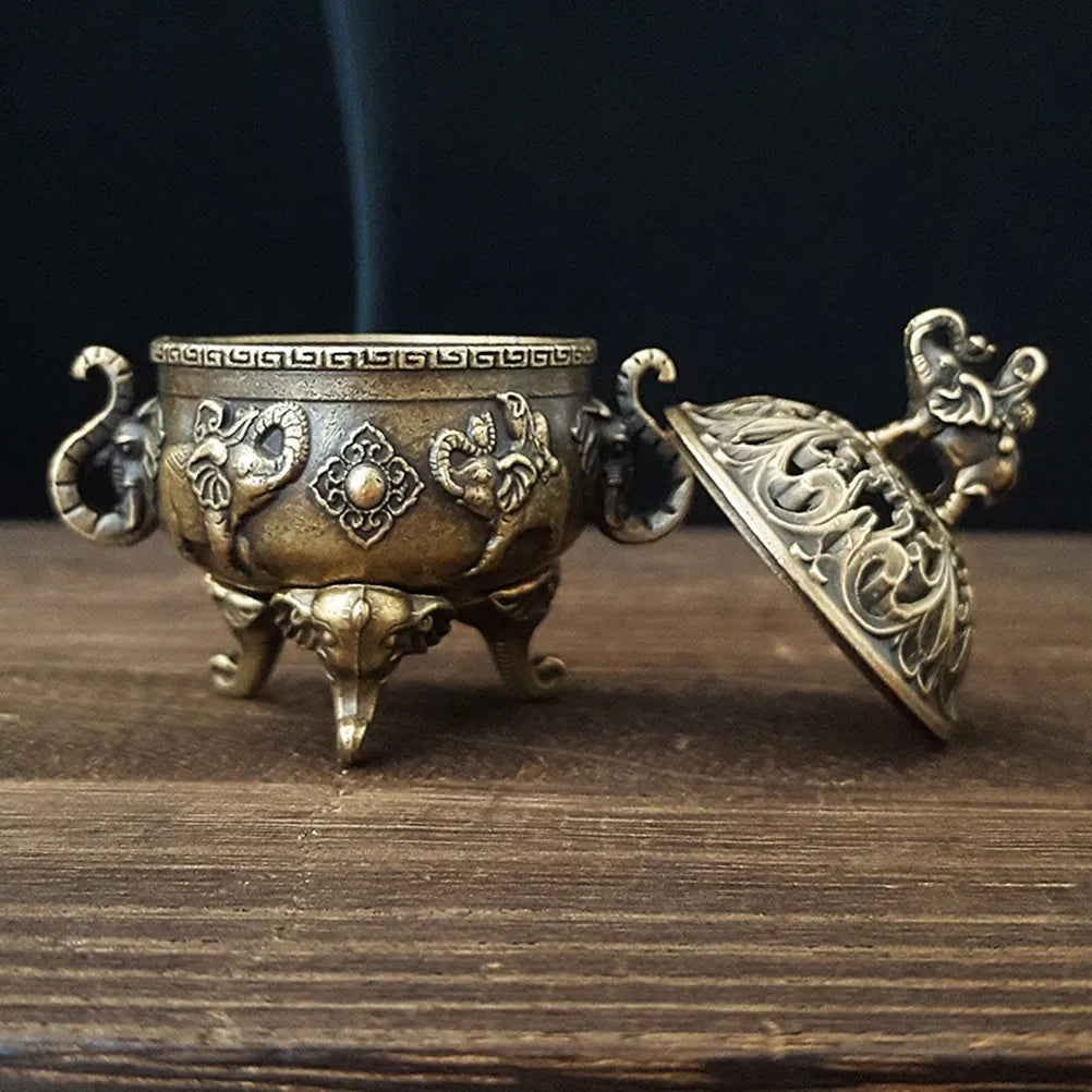 Mini Copper Incense Burner Tripod Stand Lid Elephant Motif Hollow-out