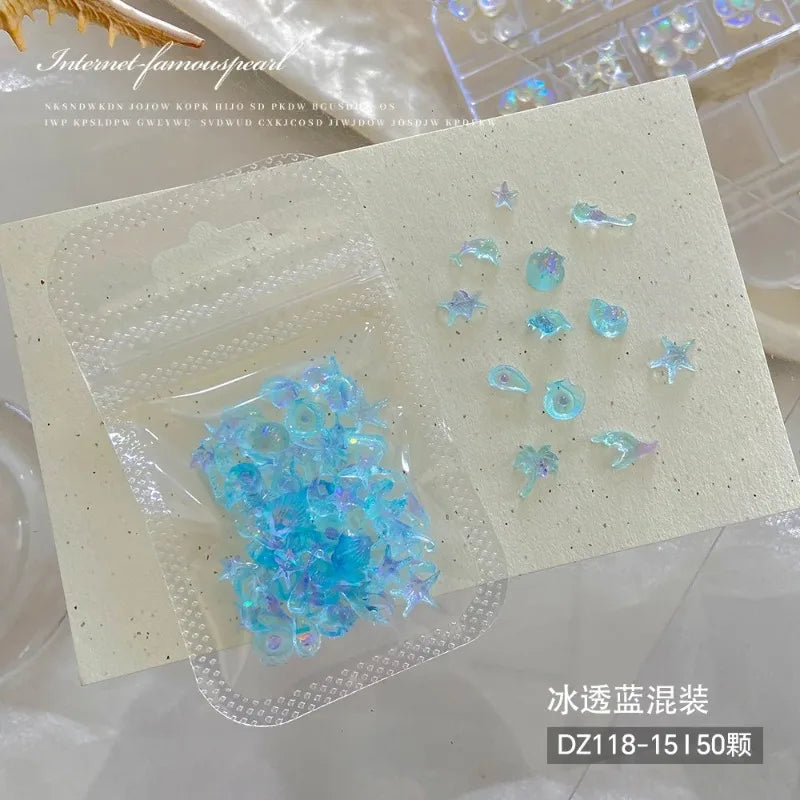 Mixed Summer Aurora Shell Nail Rhinestone Ocean Theme Starfish Coconut Tree Resin Nail Charm Decoration DIY Manicure Accessories Zpaxo F-50pcs mix per pack
